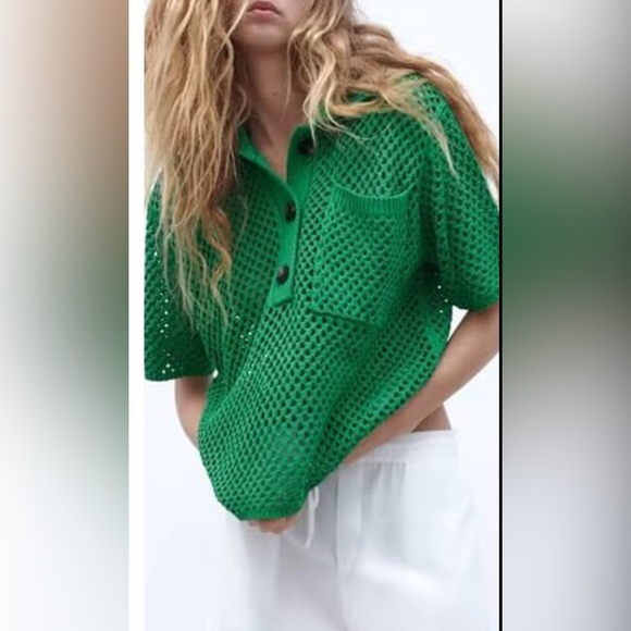 Zara Tops - ZARA Green Fun Mesh Summer Polo Short Sleeve Casual Blouse Pocket Top S